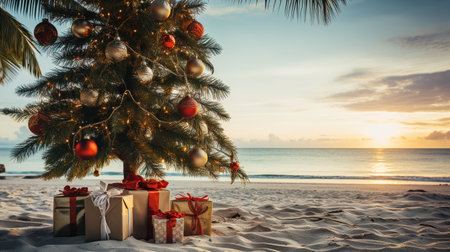 Generative AI, Christmas on the beach. Gifts, Christmas tree, palm, ocean and chairs. Vacation conceptの素材