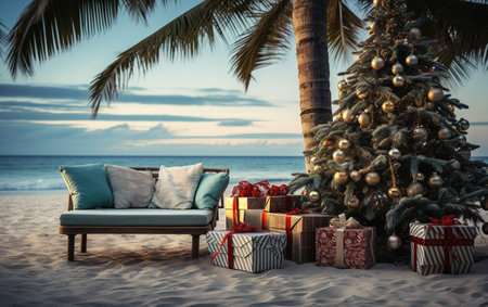 Generative AI, Christmas on the beach. Gifts, Christmas tree, palm, ocean and chairs. Vacation conceptの素材