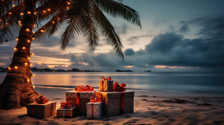 Generative AI, Christmas on the beach. Gifts, Christmas tree, palm, ocean and chairs. Vacation conceptの素材