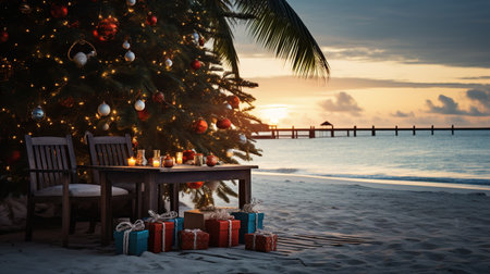 Generative AI, Christmas on the beach. Gifts, Christmas tree, palm, ocean and chairs. Vacation conceptの素材