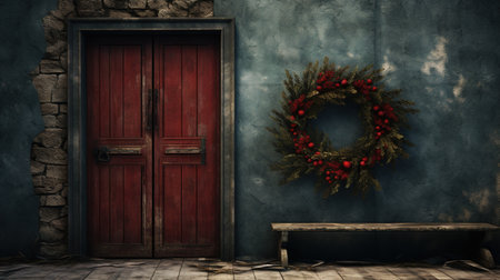 Generative AI, Front door with Christmas decoration, wreath and garland, muted colors, cottage rustic doorwayの素材