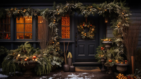 Generative AI, Front door with Christmas decoration, wreath and garland, muted colors, cottage rustic doorwayの素材