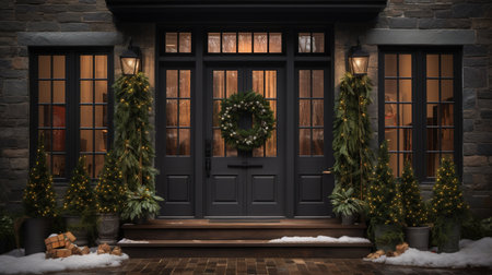 Generative AI, Front door with Christmas decoration, wreath and garland, muted colors, cottage rustic doorwayの素材