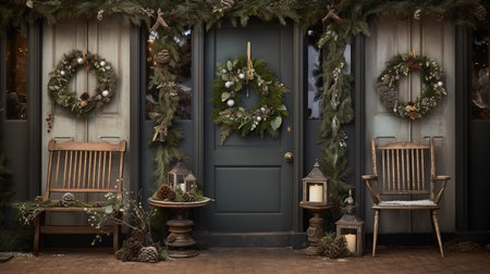 Generative AI, Front door with Christmas decoration, wreath and garland, muted colors, cottage rustic doorwayの素材