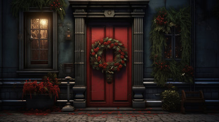 Generative AI, Front door with Christmas decoration, wreath and garland, muted colors, cottage rustic doorwayの素材