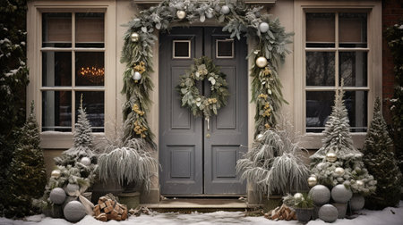 Generative AI, Front door with Christmas decoration, wreath and garland, muted colors, cottage rustic doorwayの素材