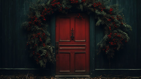 Generative AI, Front door with Christmas decoration, wreath and garland, muted colors, cottage rustic doorwayの素材