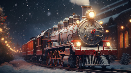 Generative AI, Christmas train, vintage steam locomotive with Xmas decoration in winter snowy forestの素材