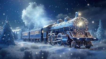Generative AI, Christmas train, vintage steam locomotive with Xmas decoration in winter snowy forestの素材