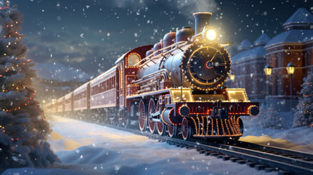 Generative AI, Christmas train, vintage steam locomotive with Xmas decoration in winter snowy forestの素材