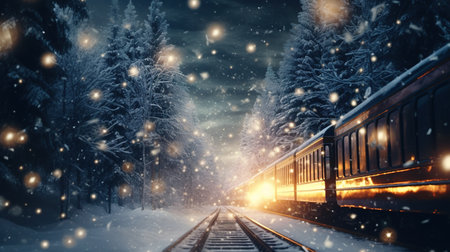Generative AI, Christmas train, vintage steam locomotive with Xmas decoration in winter snowy forestの素材