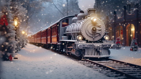 Generative AI, Christmas train, vintage steam locomotive with Xmas decoration in winter snowy forestの素材