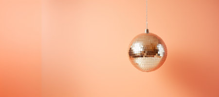 Generative AI, Disco shiny ball, party reflecting colorful lights for music broadcast, night clubs, musical bannersの素材