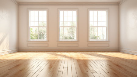 Generative AI, Light empty modern room with wooen floor and glare from the window, interior background for the presentationの素材