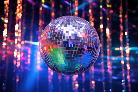 Generative AI, Disco shiny ball, party reflecting colorful lights for music broadcast, night clubs, musical bannersの素材
