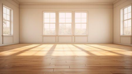 Generative AI, Light empty modern room with wooen floor and glare from the window, interior background for the presentationの素材