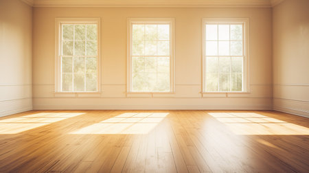 Generative AI, Light empty modern room with wooen floor and glare from the window, interior background for the presentationの素材