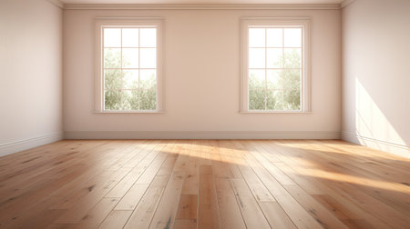 Generative AI, Light empty modern room with wooen floor and glare from the window, interior background for the presentationの素材