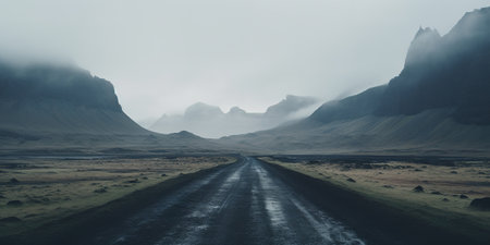 Generative AI, Iceland beautiful foggy wild landscape with mountains, aesthetic muted colors,の素材