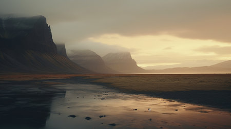 Generative AI, Iceland beautiful foggy wild landscape with mountains, aesthetic muted colors,の素材