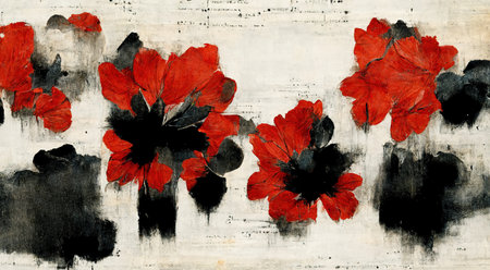 Generative AI, Black and red watercolor abstract painted flowers on vintage background. Ink street graffiti art on a textured paper, washes and brush strokes..の素材