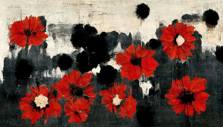 Generative AI, Black and red watercolor abstract painted flowers on vintage background. Ink street graffiti art on a textured paper, washes and brush strokes..の素材