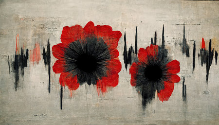 Generative AI, Black and red watercolor abstract painted flowers on vintage background. Ink street graffiti art on a textured paper, washes and brush strokes..の素材