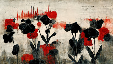 Generative AI, Black and red watercolor abstract painted flowers on vintage background. Ink street graffiti art on a textured paper, washes and brush strokes..の素材