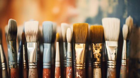 Generative AI, colorful used brushes in an artist's studio, aesthetic muted colorsの素材