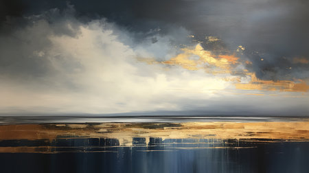 Generative AI, Black, white and golden abstract painted background. Beautiful landscape with clouds in the sky and sea or ocean, washes and brush drawing.の素材