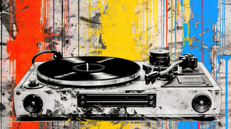 Generative AI, Grunge vinyl recorder, vintage turntable player, pop art graffiti, vibrant color. Ink melted paint street art on a textured paper vintage backgroundの素材