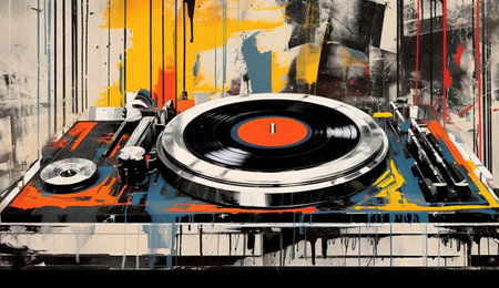 Generative AI, Grunge vinyl recorder, vintage turntable player, pop art graffiti, vibrant color. Ink melted paint street art on a textured paper vintage backgroundの素材