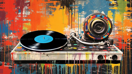 Generative AI, Grunge vinyl recorder, vintage turntable player, pop art graffiti, vibrant color. Ink melted paint street art on a textured paper vintage backgroundの素材