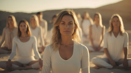 Generative AI, woman doing meditation, aesthetic muted beige colorsの素材