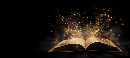 Generative AI, open antique book on dark background with magic lights, glitter blurred overlayの素材