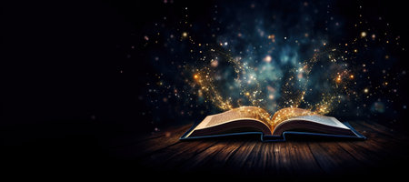 Generative AI, open antique book on dark background with magic lights, glitter blurred overlayの素材