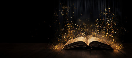 Generative AI, open antique book on dark background with magic lights, glitter blurred overlayの素材