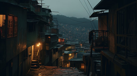 Generative AI, Brazilian favelas community, panoramic view with many houses, urban town poor house buildingsの素材