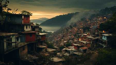 Generative AI, Brazilian favelas community, panoramic view with many houses, urban town poor house buildingsの素材