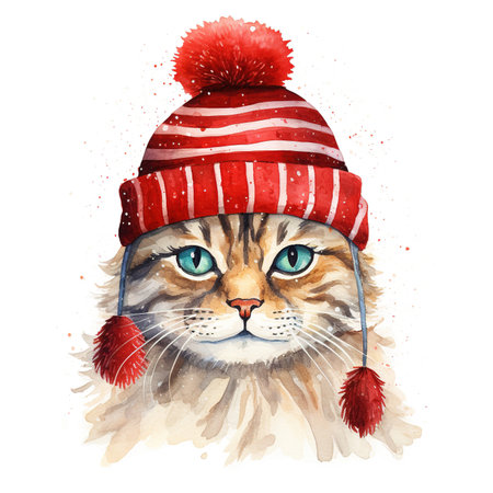 Generative AI, cute cat animal, pet in Christmas hat and ugly sweaters, watercolor style.の素材