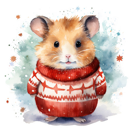 Generative AI, cute hamster animal, pet in Christmas hat and ugly sweaters, watercolor style.の素材