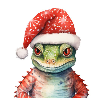 Generative AI, cute lizard animal, pet in Christmas hat and ugly sweaters, watercolor style.の素材
