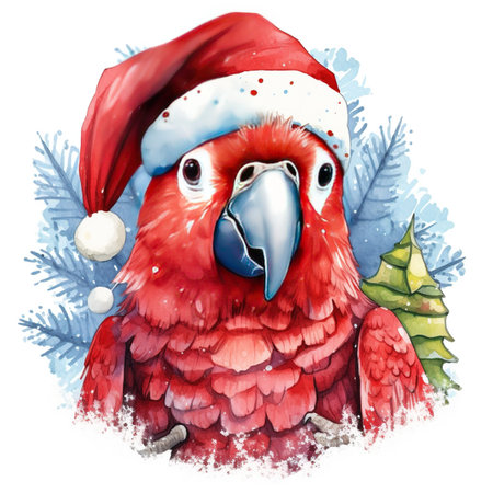 Generative AI, cute parrot bird, pet in Christmas hat and ugly sweaters, watercolor style.の素材