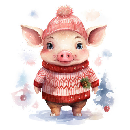 Generative AI, cute pig animal, pet in Christmas hat and ugly sweaters, watercolor style.の素材