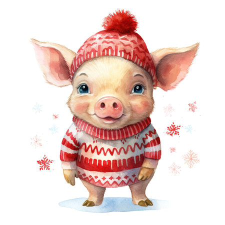 Generative AI, cute pig animal, pet in Christmas hat and ugly sweaters, watercolor style.の素材