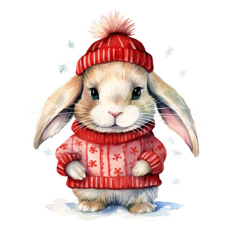 Generative AI, cute rabbit animal, pet in Christmas hat and ugly sweaters, watercolor style.の素材