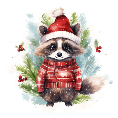 Generative AI, cute raccoon animal, pet in Christmas hat and ugly sweaters, watercolor style.の素材