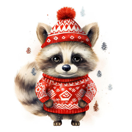 Generative AI, cute raccoon animal, pet in Christmas hat and ugly sweaters, watercolor style.の素材