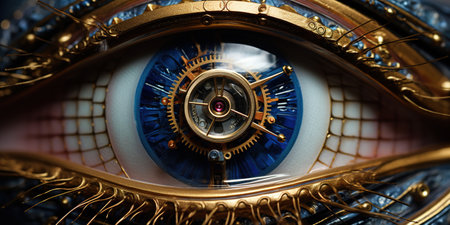 Generative AI, bionic steampunk eye closeup, fictional ocular implantの素材