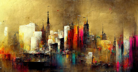 Generative AI, Colorful and golden watercolor abstract cityscape painted background. Ink street graffiti art on a textured paper vintage background, washes and brush strokesの素材
